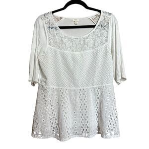 TINY Anthropologie Top Womens Large White Eyelet Short Sleeve Blouse